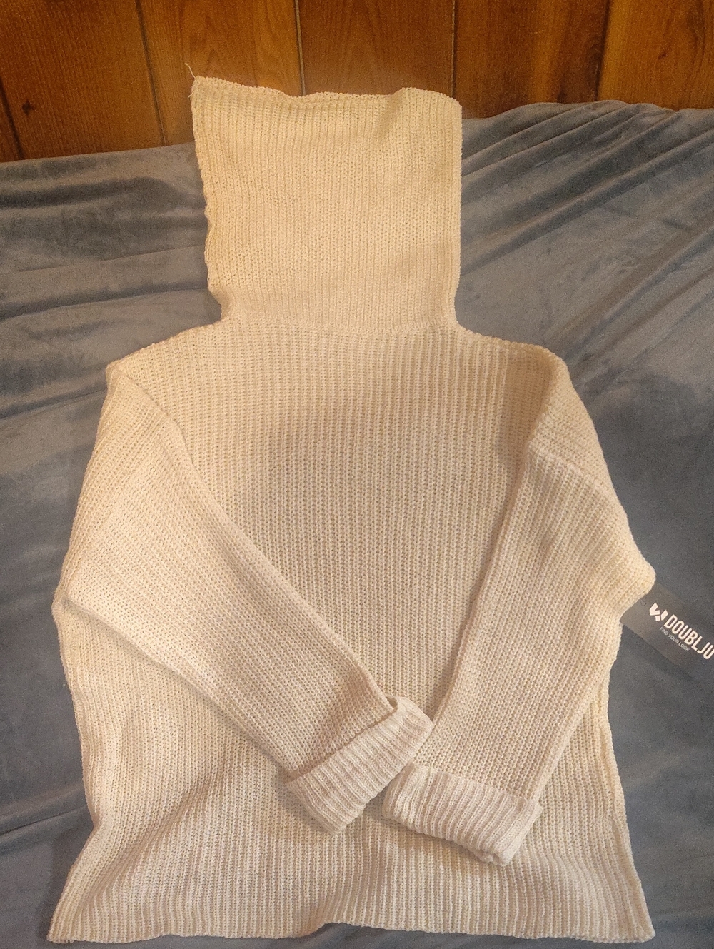 Doublju Cream Ribbed Turtleneck Pullover